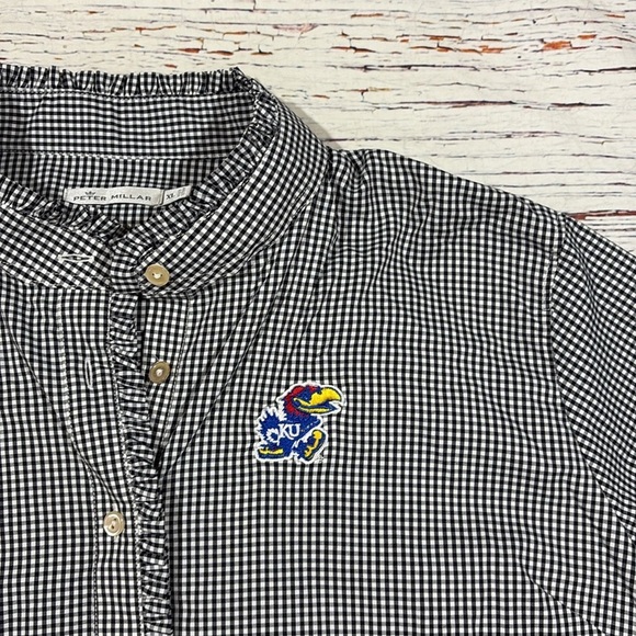 Peter Millar Kansas Jayhawks Gingham Ruffle Button Down Blouse - Picture 4 of 10